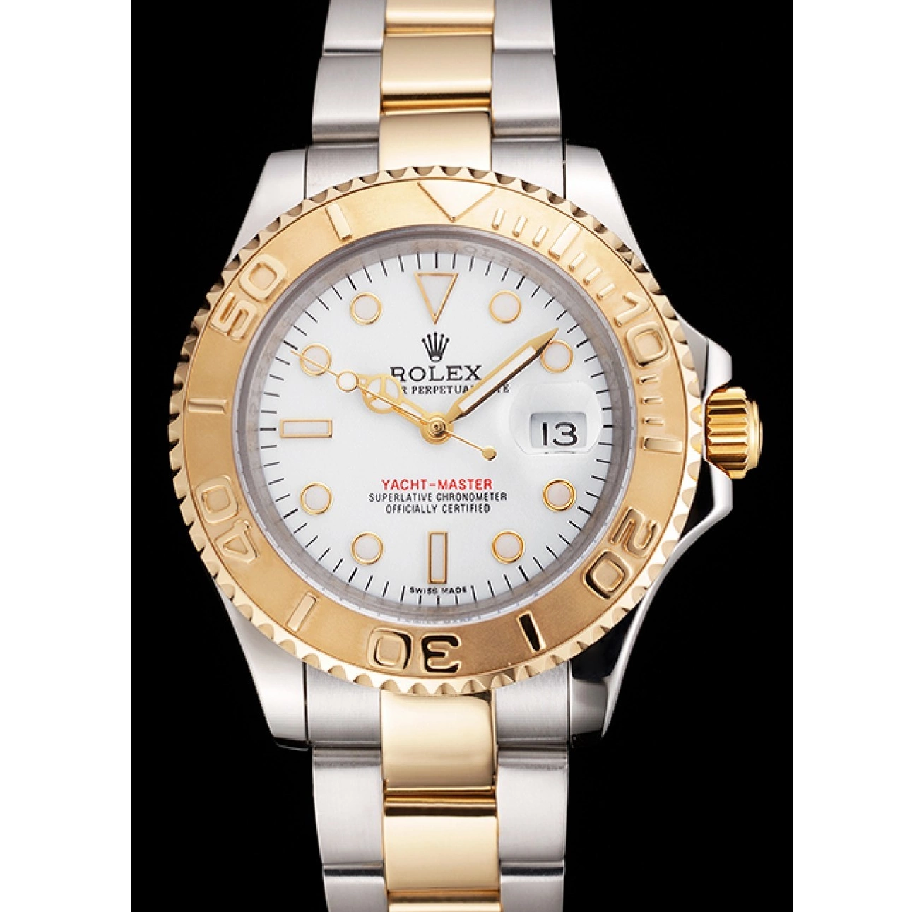 Aaa replica watch Case Tone Steel Yacht-Master Two Dial Stainless Bezel Gold White Swiss Bracelet Rolex 0725